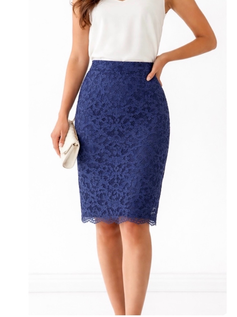 TRINA TURK | Navy Blue Lace Overlay on Black Knee Length Skirt Sz. 8 Office Work